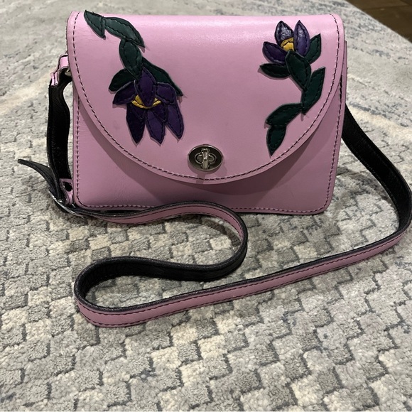 Embroidered Leather Crossbody Purse Adjustable Strap Pink & Purple Flowers Boho - Picture 2 of 12